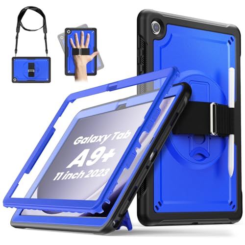 Samsung Galaxy Tab A9+ Plus Hülle 11 Zoll 2023 (SM-X210/X216/X218), TrendGate Stoßfeste Robust Hülle mit Displayschutz, 360° Drehbarem Ständer/Handschlaufe, Schultergurt, für Galaxy Tab A9+, Blau von TrendGate
