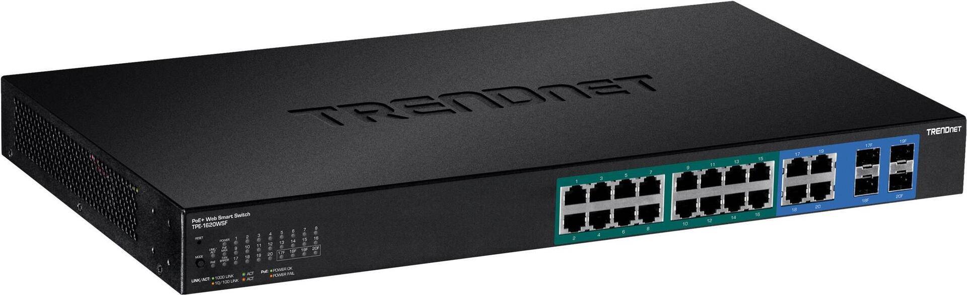 TRENDnet TPE 1620WSF - Switch - L2+ - Smart - 16 x 10/100/1000 (PoE+) + 4 x Shared Gigabit SFP - an Rack montierbar - PoE+ (370 W) von Trendnet