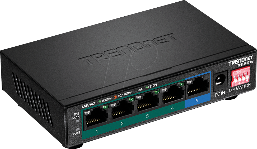 TRN TPE-TG51G - Switch, 5-Port, Gigabit Ethernet, PoE+ von Trendnet