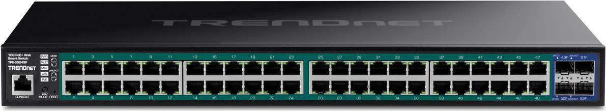 TRENDnet TPE-3524SF - Switch - 52 Ports, Web - L2+ - Smart - 48 x 10/100/1000 (PoE+) + 4 x 10 Gigabit SFP+ - Desktop, an Rack montierbar - PoE+ (740 W) - TAA-konform (TPE-3524SF) von Trendnet