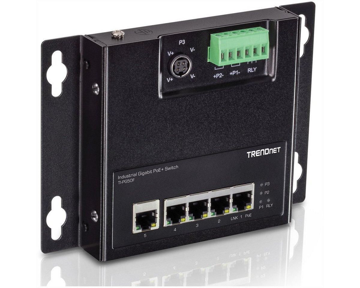 Trendnet TI-PG50F 5-Port Industrial PoE+ Gigabit Front Access Switch Netzwerk-Switch (wandmontierbar) von Trendnet