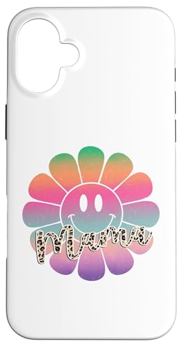 Buntes Happy Face Flower Tee Retro Leopard Mama Aesthetic Hülle für iPhone 16 Plus von Trendy Mom Life Funny Quote Stylish Apparel