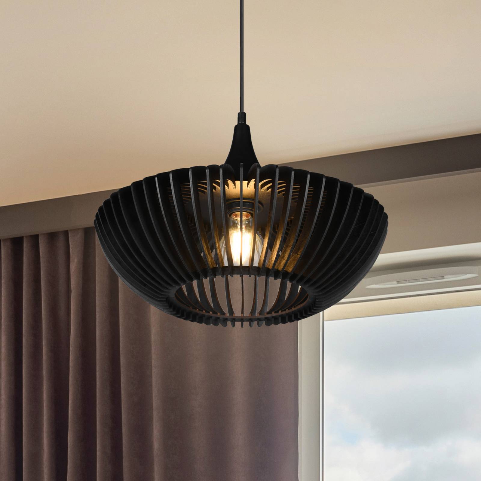 Hängelampe Colino aus Holzlamellen, schwarz von Trio Lighting