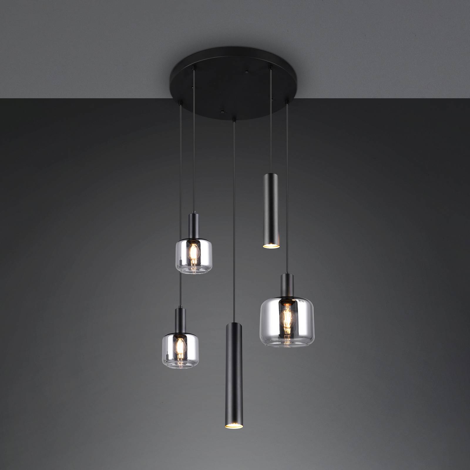 Hängelampe Mataro, chrom/schwarz, Ø 55 cm 5-flg. Glas/Metall Hängelampe Mataro, chrom/schwarz, Ø 55 cm 5-flg. Glas/Metall von Trio Lighting