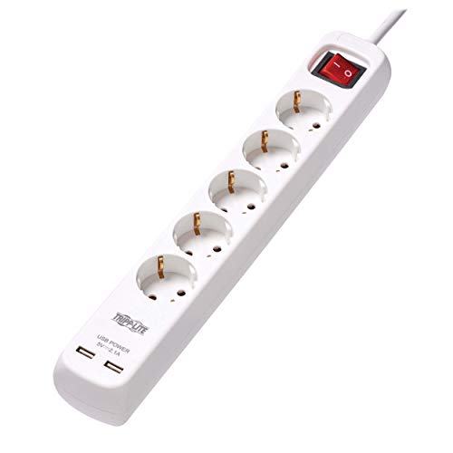 Tripp Lite PS5G3USB 5-Steckdosenleiste mit USB-A-Ladefunktion – Schuko-Steckdosen, 220 – 250 V, 16 A, 3 m Kabel, Schukostecker, weiß von Tripp Lite