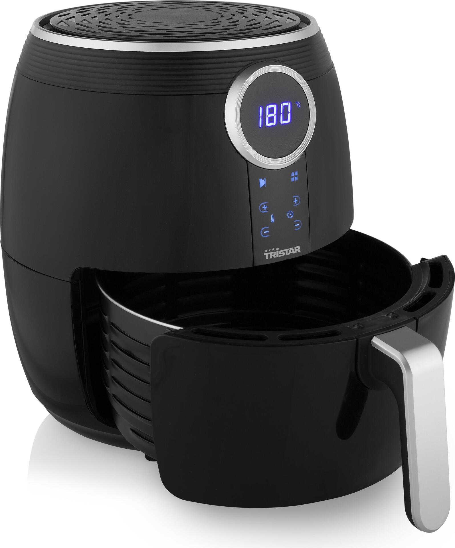 Tristar FR-6956 Digitale Heißluft-Fritteuse. Produkttyp: Heißluftfritteuse, Fassungsvermögen: 4,5 l, Friteusenkapazität: 1,2 kg. Bauart: Eins/Eine(r), Produktfarbe: Schwarz, Silber, Steuerung: Berührung. Display-Typ: LCD. Leistung: 1500 W, AC Eingangsspannung: 220 - 240 V, AC Eingangsfrequenz: 50 / 60 Hz (FR-6956) von Tristar