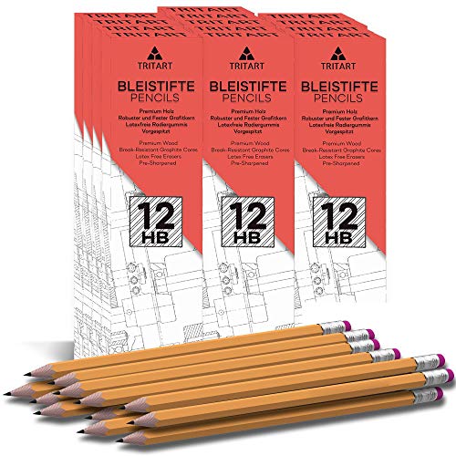 Tritart Bleistifte I 156 Bleistifte mit HB Mine + Radiergummi I HB Bleistift Set mit angespitzter Mine für Schule + Büro + Skizzieren I 13 Packungen je 12 Holz-Bleistifte zum Zeichnen + Schreiben von Tritart