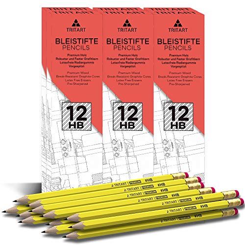 Tritart Bleistifte I 84 Bleistifte mit HB Mine + Radiergummi I HB Bleistift Set mit angespitzter Mine für Schule + Büro + Skizzieren I 7 Packungen je 12 Holz-Bleistifte zum Zeichnen + Schreiben von Tritart