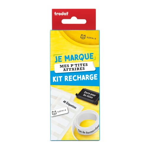 Nachfüllset für Stempel "Je marque mes P'tites Affaires", zum Markieren von Kindern, schwarze Stempelkissen + Etiketten + Bügelband – ideal zum Markieren von Kleidung von Trodat