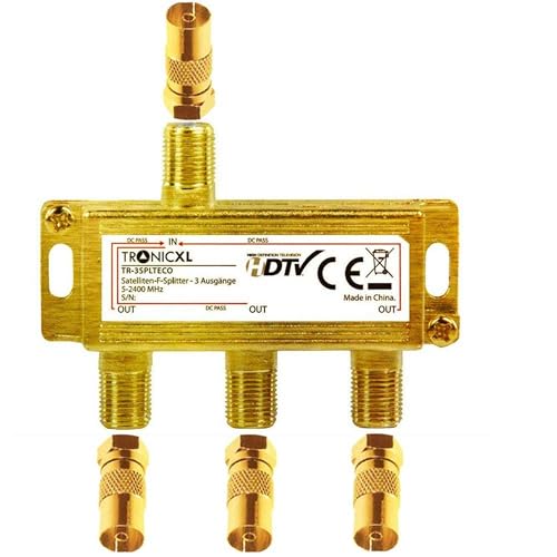 TronicXL 3-fach Koaxverteiler Antennenverteiler SAT Verteiler GOLD Koax Buchse F-Stecker mit DC-Durchlass TV Kabelfernsehen Splitter kompatibel mit für Unitymedia Vodafone HD 3D 4K weiche Koaxial von TronicXL