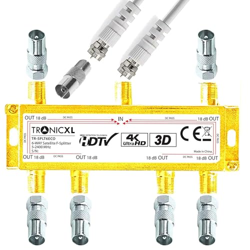 TronicXL 4K 6-fach Antennenverteiler 3D HD tauglich IEC Verteiler TV SAT Splitter 6fach F-Stecvker + Kabel + Koax Adapter für Kabelfernsehen DVBC DVBT2 zb kompatibel mit Unitymedia Vodafone CATV von TronicXL