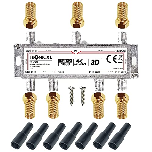 TronicXL 6-Fach Sat Splitter + Wetterschutz + F-Stecker I Verteiler Weiche DVBT DVBT2 DVBC Antennen Fernsehen TV Splitter HDTV 6fach Fernseher Full HD Switch 6er sechser sechsfach digital 3D 4K hd TronicXL 6-Fach Sat Splitter + Wetterschutz + F-Stecker I Verteiler Weiche DVBT DVBT2 DVBC Antennen Fernsehen TV Splitter HDTV 6fach Fernseher Full HD Switch 6er sechser sechsfach digital 3D 4K hd von TronicXL