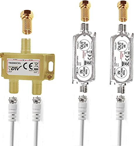 TronicXL Premium 2-Fach Antennenverteiler Splitter mit 40dB (2 x 20dB) Sat Verstärker digital HD I für Satellit TV DVBT DVBS Unicable 3D 4K HDTV I Verteiler Weiche Inline für 2 Fernseher von TronicXL