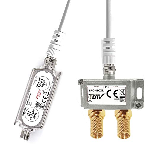 TronicXL Premium 2-Fach Antennenverteiler Splitter mit Sat Verstärker digital HD I für Satellit TV DVBT DVBS Unicable 3D 4K HDTV I Verteiler Weiche Inline für 2 Fernseher (2-Fach Silber) von TronicXL