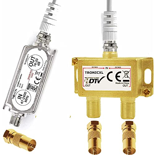 TronicXL Premium 2-Fach Antennenverteiler Splitter mit Sat Verstärker digital HD I für Satellit TV DVBT DVBS Unicable 3D 4K HDTV I Verteiler Weiche Inline für 2 Fernseher F-Stecker + Koax Adapter TronicXL Premium 2-Fach Antennenverteiler Splitter mit Sat Verstärker digital HD I für Satellit TV DVBT DVBS Unicable 3D 4K HDTV I Verteiler Weiche Inline für 2 Fernseher F-Stecker + Koax Adapter von TronicXL