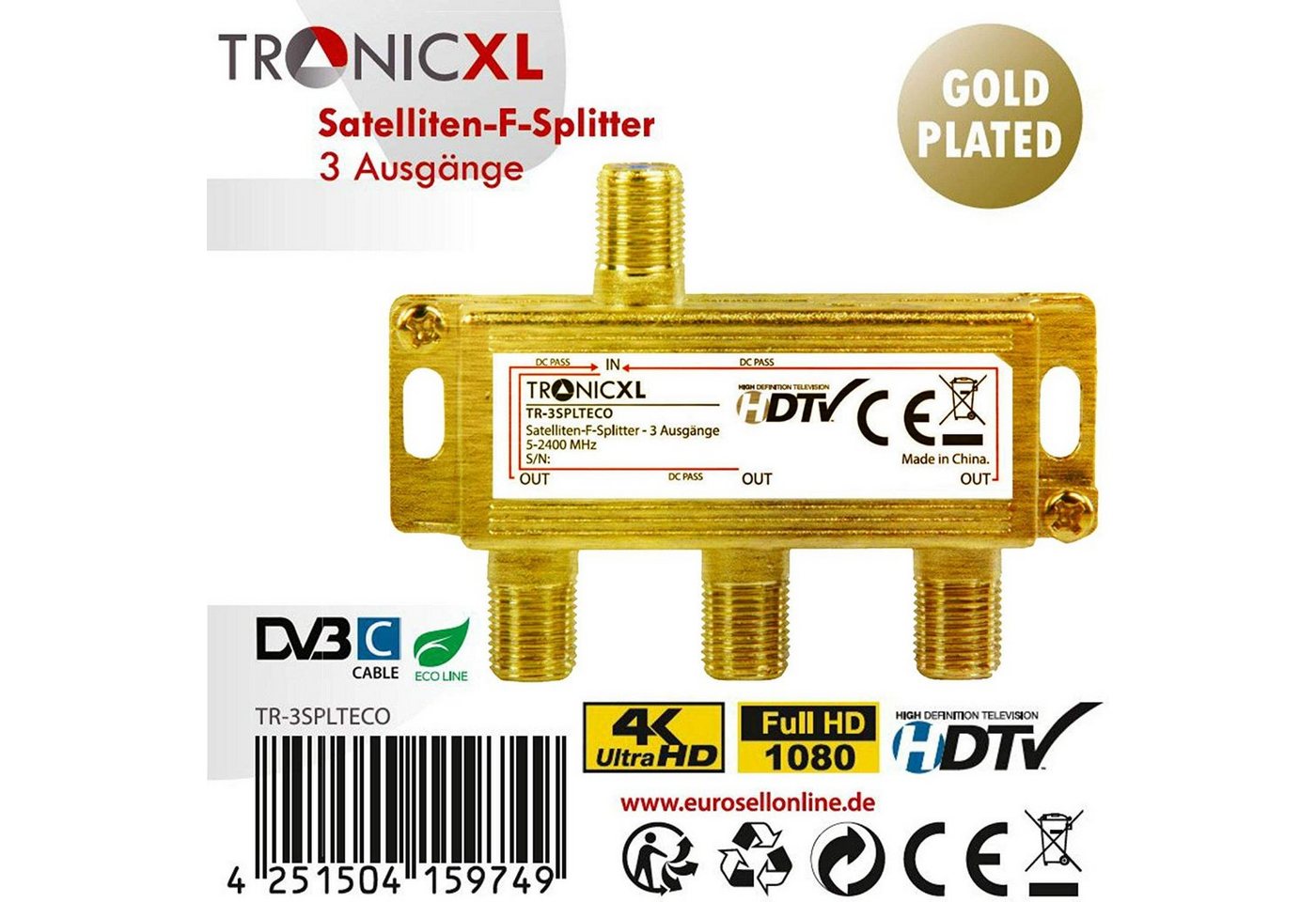 TronicXL SAT-Verteiler 3-fach 24k F-Stecker TV Kabelfernsehen Sat Splitter Verteiler Weiche, Wandmontage möglich, Robustes Gehäuse von TronicXL