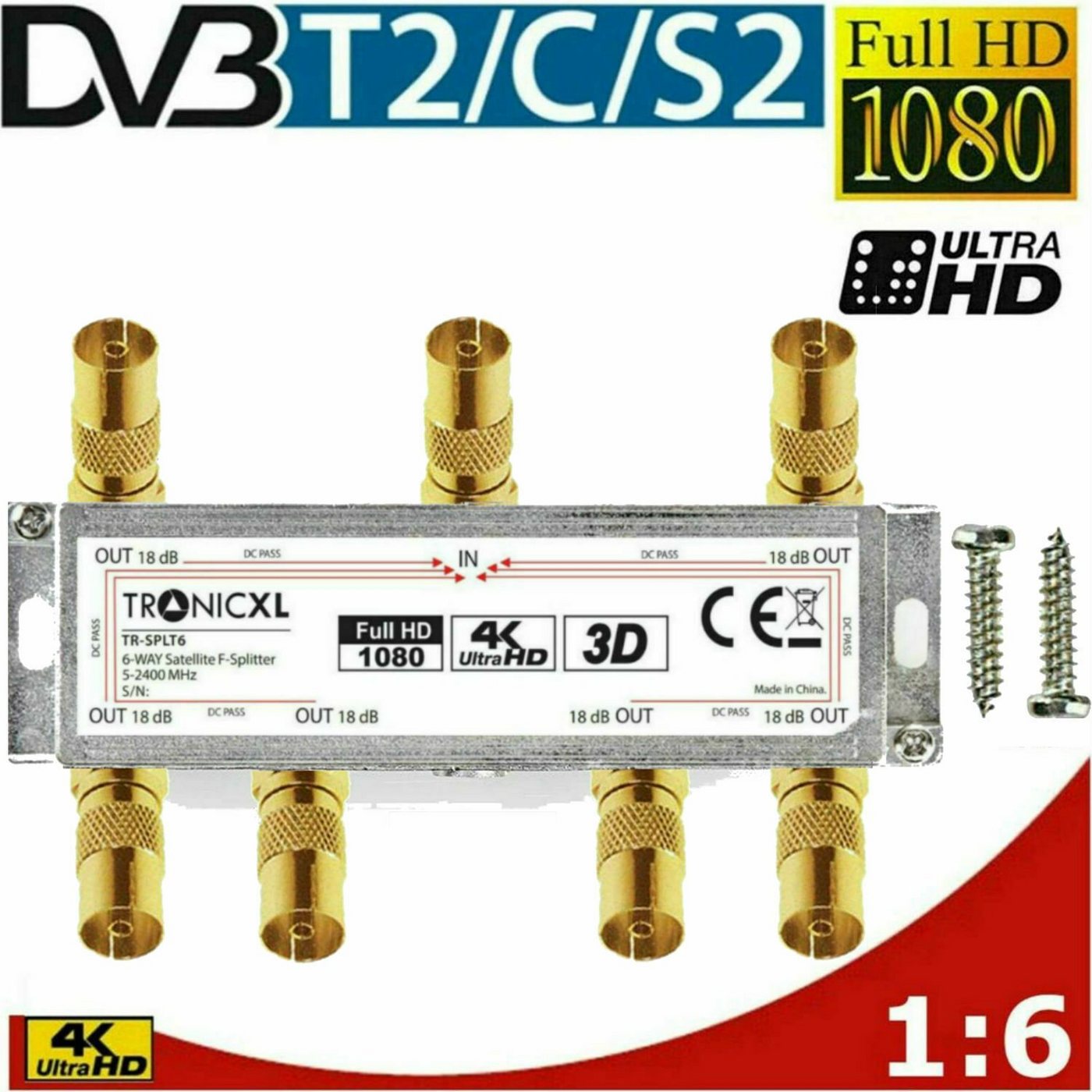 TronicXL SAT-Verteiler 6-fach Koax Antennenverteiler HD 3D 4K Verteiler Weiche Splitter TV, F-Buchsen + Koax Adapter TronicXL SAT-Verteiler 6-fach Koax Antennenverteiler HD 3D 4K Verteiler Weiche Splitter TV, F-Buchsen + Koax Adapter von TronicXL