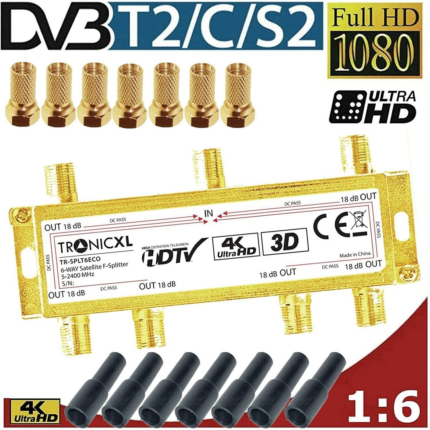 TronicXL SAT-Verteiler 6fach Sat Verteiler + F-Stecker + Wetterschutz TV Kabel Verteiler, HD, 3D, 4K TronicXL SAT-Verteiler 6fach Sat Verteiler + F-Stecker + Wetterschutz TV Kabel Verteiler, HD, 3D, 4K von TronicXL