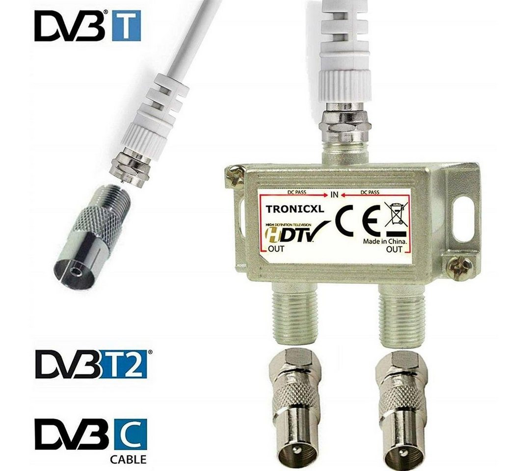 TronicXL SAT-Verteiler IEC Verteiler Antennenverteiler 2fach + Kabel Adapter Splitter Sat TV von TronicXL