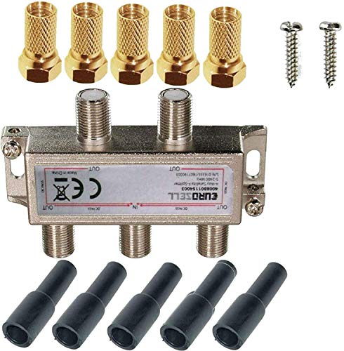 TronicXL Sat Splitter 4-Fach HD tauglich digital Antennenverteiler TV Verteiler + F-Stecker Adapter mit Wetterschutz + DC-Durchlass kompatibel mit für DVBT DVBC Unitymedia Vodafone Kabelfernsehen von TronicXL