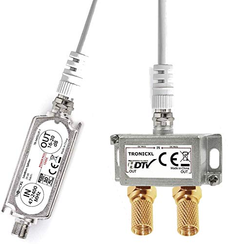 TronicXL Sat Verstärker + 2-Fach Verteiler I für DVB-T2 Antenne und Satellit Fernsehen I Full HD tauglich 4K 3D digital I LNB Booster Repeater DVBS2 DVBT2 von TronicXL