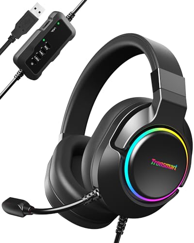 Tronsmart Gaming Headset mit Mikrofon, Surround Sound 7.1, mit Kabel, Ultraleicht, für PS5, PS4, PC, Gaming Kopfhörer mit LED Leuchten, Stumme Steuerung, Soft Pads Micro Gaming Headset - Schwarz von Tronsmart