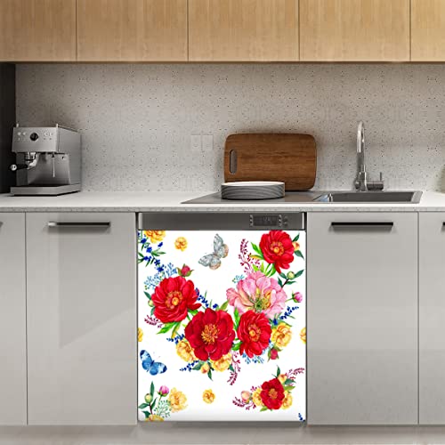 Blumen Rose Geschirrspüler Magnetabdeckung, Frühling Red Floral Magnet Dekor Panel Magnet Stiker für Kühlschrank Küche Dekoration Tür Magnetaufkleber 58,4 x 66 cm von TropicalLife