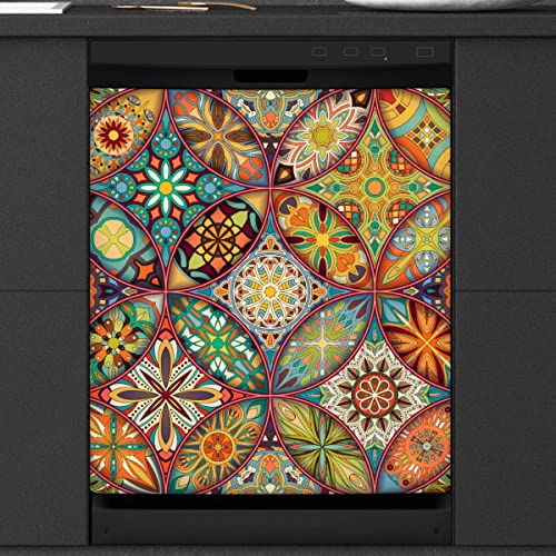 Ethnisches Mandala, geometrische Spülmaschine, magnetische Abdeckung, orangefarbene Vorderseite, Geschirrspüler-Abdeckung für Kühlschrank, Küche, Dekoration, Tür, magnetischer Aufkleber, 58,4 x 66 cm von TropicalLife