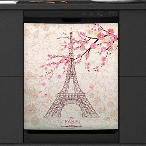 Paris Eiffelturm Geschirrspüler Magnetische Abdeckung Blume Pflaumenblüte Front Geschirrspüler Abdeckung für Kühlschrank Küche Dekoration Tür Magnetaufkleber 58,4 x 66 cm von TropicalLife
