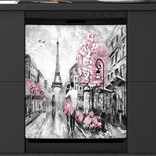 Paris Eiffelturm Kunstmalerei Geschirrspüler Magnetabdeckung Front Geschirrspüler Abdeckung für Kühlschrank Küche Dekoration Tür Magnetaufkleber 58,4 x 66 cm von TropicalLife