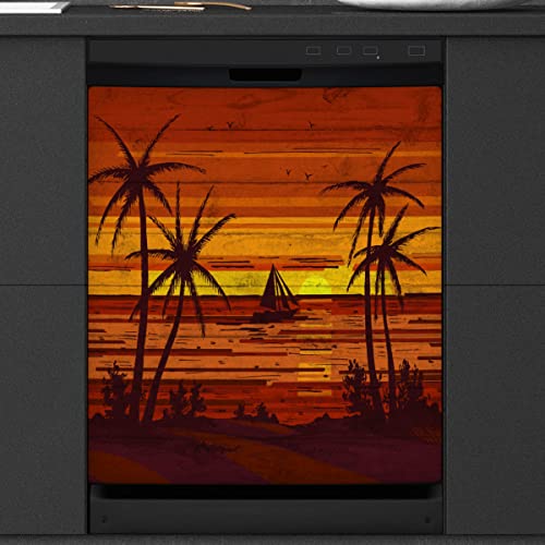 Retro Strand Tropischer Baum Geschirrspüler Magnetische Abdeckung Palmblatt Front Geschirrspüler Abdeckung für Kühlschrank Küche Dekoration Tür Magnetaufkleber 58,4 x 66 cm von TropicalLife