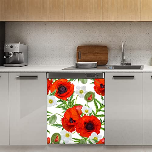 Rote Mohnblumen-Magnetabdeckung für Geschirrspüler, Frühling, weiße Blumen, magnetische Dekoration, Panel, Magnet-Stiker für Kühlschrank, Küche, Dekoration, Tür, magnetischer Aufkleber, 58,4 x 66 cm von TropicalLife