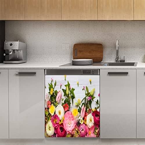 Spring Flower Geschirrspüler Magnetabdeckung, Summer Rose Magnetische Dekoration Panel Magnet Stiker für Kühlschrank Küche Dekoration Tür Magnetaufkleber 58,4 x 66 cm von TropicalLife