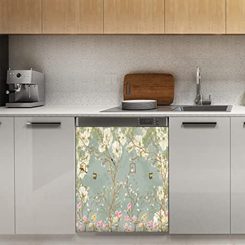 Spring Flowers Birds Geschirrspüler-Magnetabdeckung, Restauic White Floral Magnet Dekor Panel Magnet Stiker für Kühlschrank Küche Dekoration Tür, 58,4 x 66 cm von TropicalLife