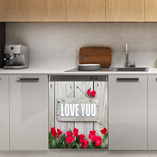 Valentinstag Love You Rose Geschirrspüler-Magnetabdeckung, Holzblume, magnetische Dekoration, Panel, Magnet-Stiker für Kühlschrank, Küche, Dekoration, Tür, 58,4 x 66 cm von TropicalLife