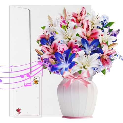 TruePetal Pop Up Blumen Karten, Papier Blumenstrauß 3D Popup Grußkarten, Geburtstagskarte, Jahrestag Karte mit leeren Karte und Umschlag für Frauen (Lilien) von TruePetal