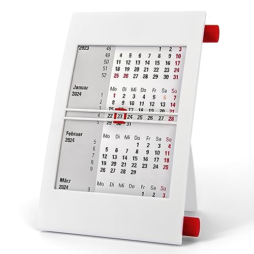 Truento 3-Monats-Tischkalender für 2 Jahre (2024 & 2025) - mit Drehmechanik - weiß/rot von Truento