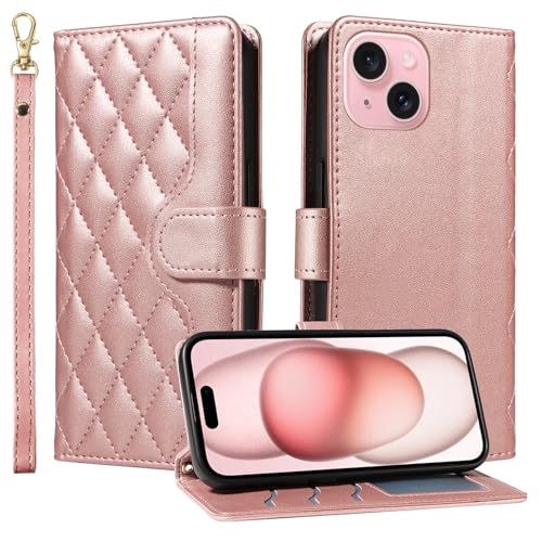 Trugox Handyhülle für Apple iPhone 15 Hülle Klappbar Klapphülle Kariert mit Kartenfach Handytasche Schutzhülle Handy Tasche Leder Wallet Flip Case Cover - Rosa Gold von Trugox
