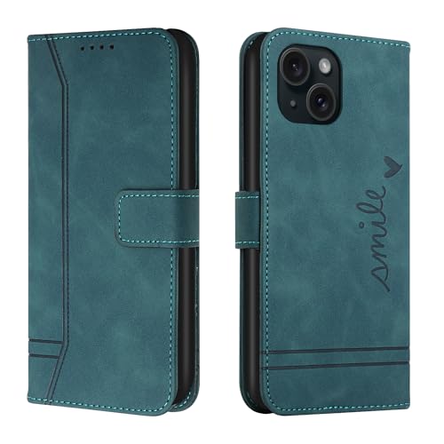 Trugox Handyhülle für Apple iPhone 15 Hülle Klappbar Klapphülle mit Kartenfach Handytasche Handy Schutzhülle Tasche Leder Wallet Flip Case Slim Book Cover - Blaugrün von Trugox