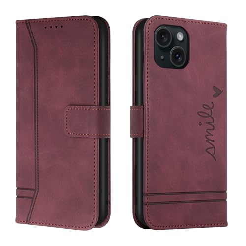 Trugox Handyhülle für Apple iPhone 15 Plus Hülle Klappbar Klapphülle mit Kartenfach Handytasche Handy Schutzhülle Tasche Leder Wallet Flip Case Slim Book Cover - Bordeauxrot von Trugox