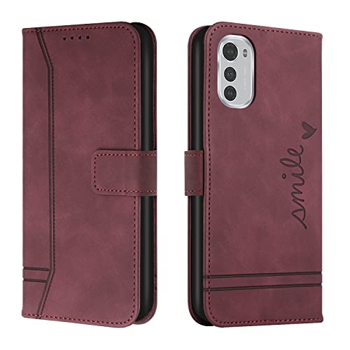 Trugox Handyhülle für Motorola Moto E32 / E32S Hülle Klappbar Klapphülle Totemblume mit Kartenfach Handytasche Handy Schutzhülle Tasche Leder Wallet Flip Case Book Cover - Bordeauxrot von Trugox