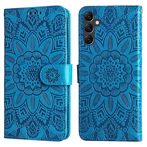 Trugox Handyhülle für Samsung Galaxy A14 5G / A14 4G Hülle Klappbar Klapphülle mit Kartenfach Blumen Muster Handytasche Handy Schutzhülle Tasche Leder Wallet Book Flip Case Cover - Blau von Trugox