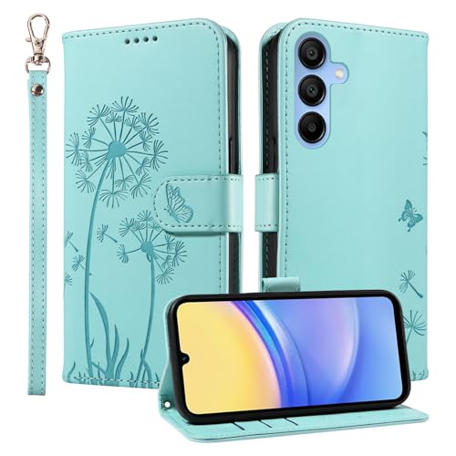 Trugox Handyhülle für Samsung Galaxy A15 4G 5G Klapphüll Löwenzahn Hülle Klappbare mit Kartenfach Handytasche Schutzhülle Handy Tasche Leder Wallet Flip Case Cover - Grün von Trugox
