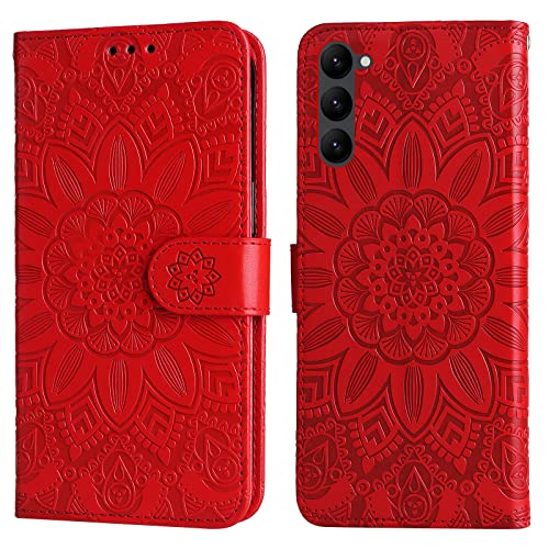 Trugox Handyhülle für Samsung Galaxy S23 5G Hülle Klappbar Klapphülle mit Kartenfach Blumen Muster Handytasche Handy Schutzhülle Tasche Leder Wallet Book Flip Case Cover - Rot von Trugox