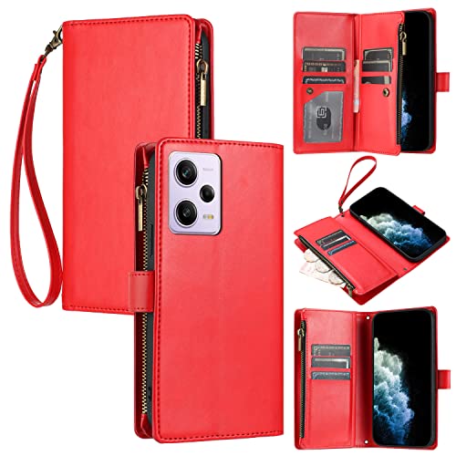 Trugox Handyhülle für Xiaomi Redmi Note 12 Pro 5G Hülle Klappbar mit Kartenfach Geldbörse Reißverschluss Handy Tasche Klapphülle Schutzhülle Leder Wallet Flip Case Book Cover - Rot von Trugox