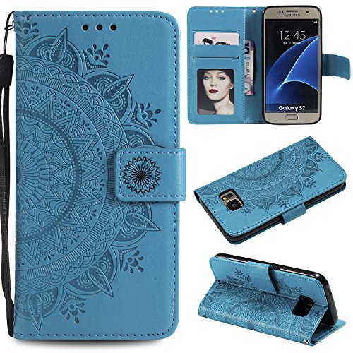 Trugox Samsung Galaxy S7 / G930 Hülle Leder Totemblume Schutzhülle Brieftasche mit Kartenfach Klappbar Magnetverschluss Wallet Flip Case Cover Stoßfest Handyhülle für Samsung Galaxy S7 - Blau von Trugox