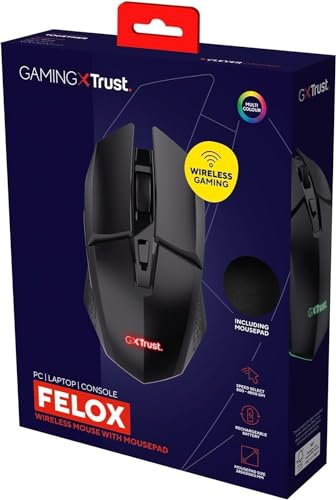 Trust Gaming GXT 112 Felox Wiederaufladbare Kabellose Gaming Maus mit Mauspad, 80 Stunden Akkulaufzeit, 800-4800 DPI, 6 Tasten, Mousepad 24.5 x 21 cm, Wireless Mouse für PC, Laptop – Schwarz von Trust Gaming