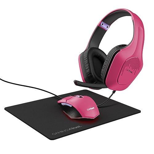 Trust Gaming GXT 790P Tridox Gaming PC Set - Leichtes Headset mit 50-mm-Treiber und 3,5-mm Klinke, Programmierbare USB Maus 200-6400 DPI, Mauspad, Gamer Setup für Computer/Laptop - Rosa von Trust Gaming