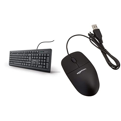 Trust 24092 Taro Kabelgebundene Tastatur, QWERTZ Layout, Leise Tasten, Spritzwassergeschützt – Schwarz & Amazon Basics - Optische Maus mit 3 Tasten und USB-Anschluss für Windows und Mac OS X, Schwarz von Trust