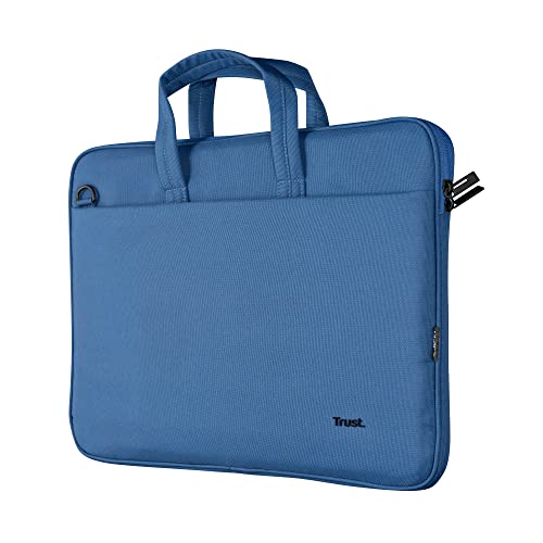 Trust Bologna Slim Laptop Eco Tasche bis 16 Zoll aus Recyceltem Kunststoff, mit Schultergurt, Nachhaltige Umhängetasche für Reisen, Business, Büro, Schule - Blau von Trust